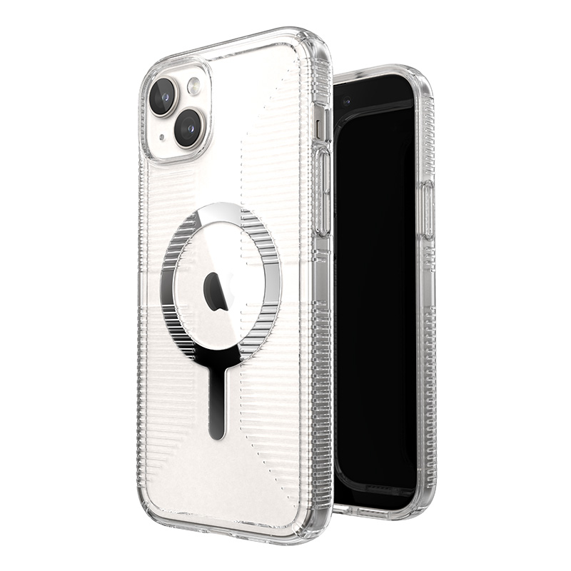 Speck GemShell Grip MagSafe ümbris seadmele iPhone 15 Plus / 14 Plus, läbipaistev kroomivärvi detailidega