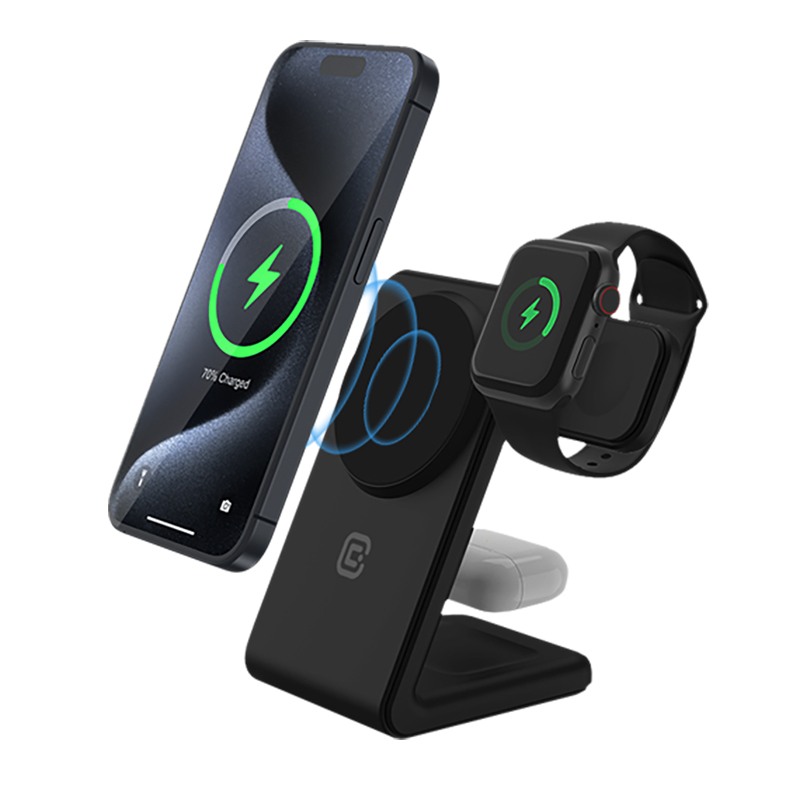 Crong MagSpot Pivot Stand kolm-ühes juhtmevaba laadija iPhone'ile, Apple Watchile ja AirPodsidele, MagSafe'iga ühilduv, must