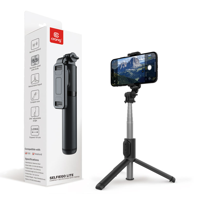 Crong SelfieGo Lite kompaktne Bluetooth-selfipulk ja statiiv, must