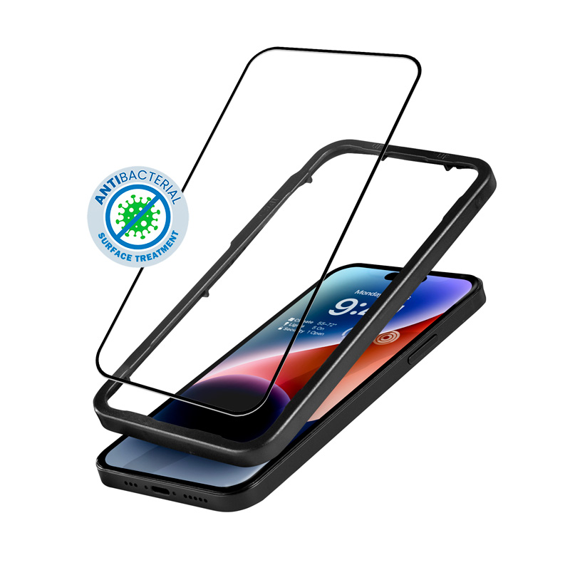 Crong Anti-Bacterial 3D Armor Glass 9H kogu ekraani kattev karastatud kaitseklaas iPhone 14 Pro jaoks koos paigaldusraamiga