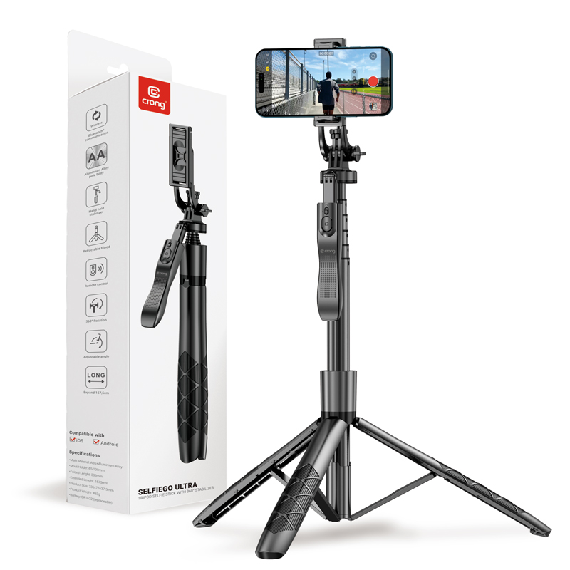 Crong SelfieGo Ultra alumiiniumist Bluetooth-selfipulk ja statiiv, must