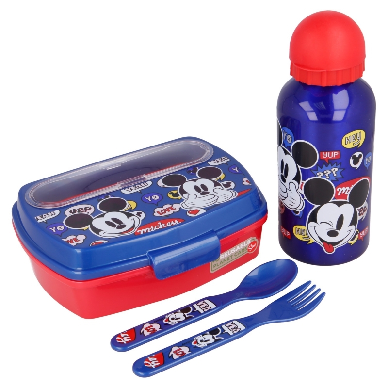 Mickey Mouse lõunasöögikarbi komplekt 400 ml veepudeli ja söögiriistadega