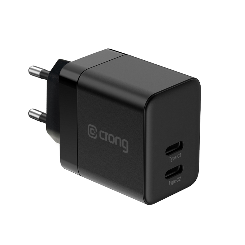 Crong Ultra Compact GaN seinalaadija, 2 × USB-C, 35 W, PD 3.0, PPS, must