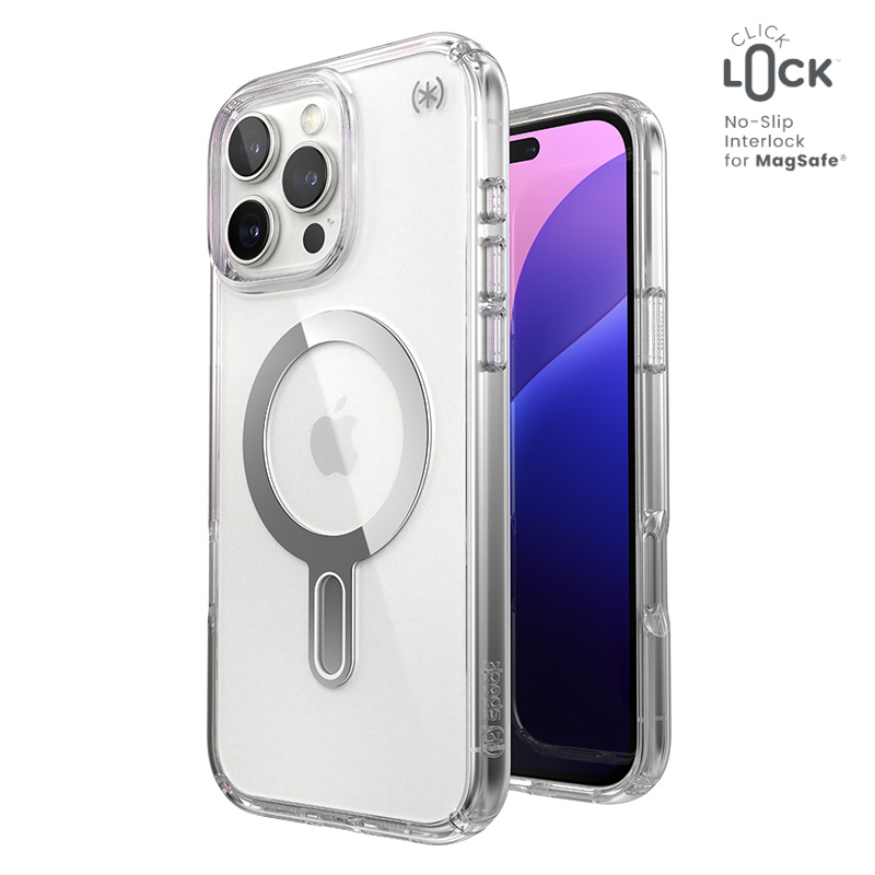 Speck Presidio Perfect-Clear MagSafe'i ja ClickLocki toega ümbris iPhone 16 Pro Max-le, Clear/Chrome