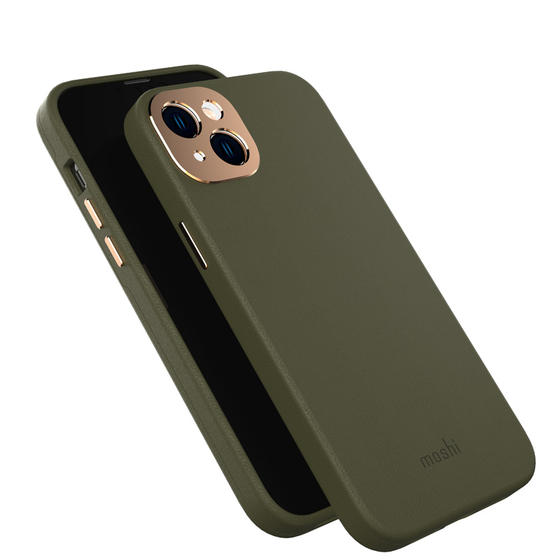 Moshi Napa ümbris seadmele iPhone 14 Plus, MagSafe'iga ühilduv, vegannahast, Juniper Green värvitoonis