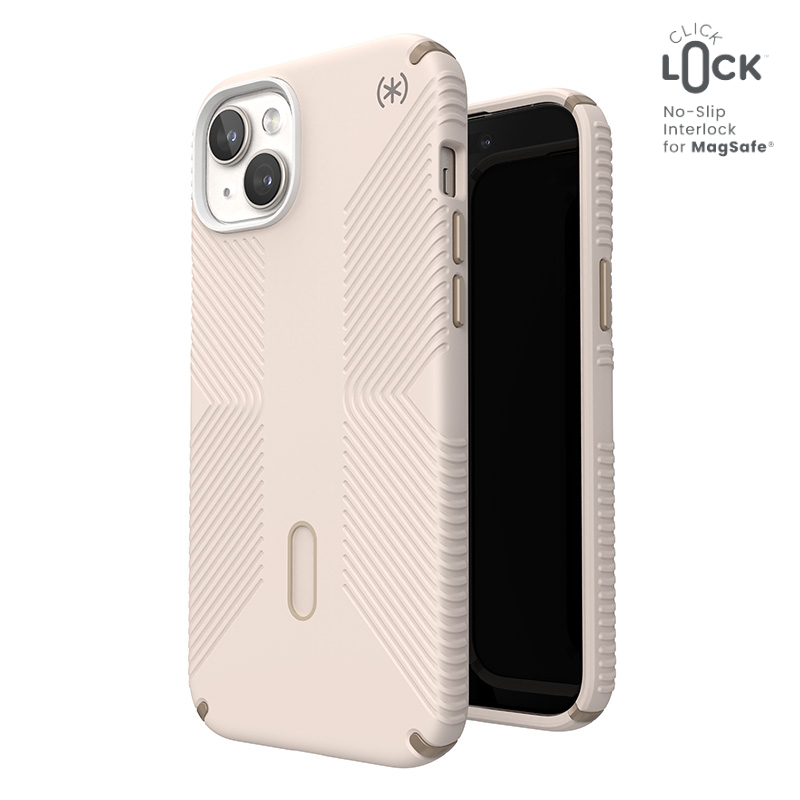 Speck Presidio2 Grip MagSafe ümbris ClickLock-tehnoloogiaga seadmele iPhone 15 Plus / 14 Plus, Bleached Bone / Heirloom Gold värvitoonis