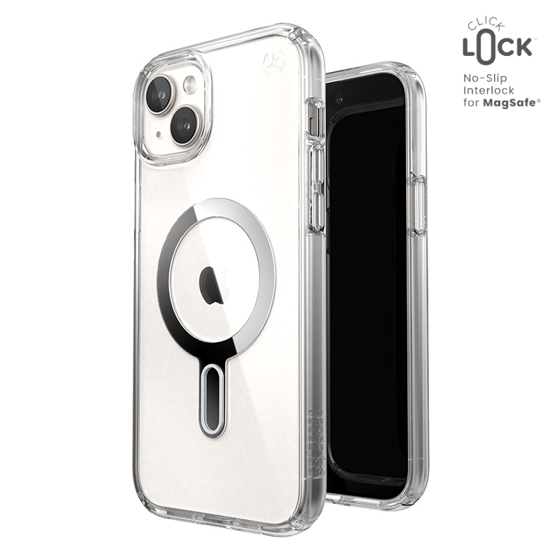 Speck Presidio Perfect-Clear MagSafe ümbris ClickLock-tehnoloogiaga seadmele iPhone 15 Plus / 14 Plus, läbipaistev kroomivärvi rõngaga