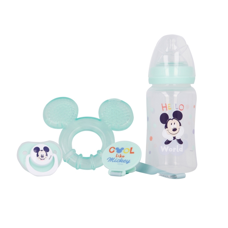 Mickey Mouse Cool beebikomplekt: 240 ml lutipudel, anatoomiline lutt, närimisrõngas ja lutihoidja