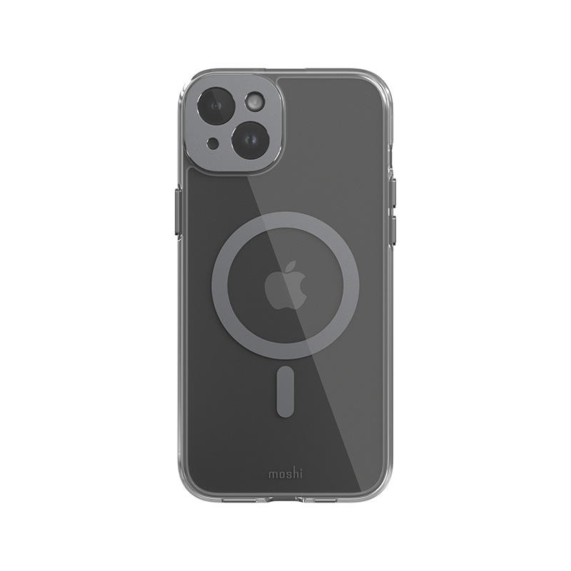 Moshi iGlaze MagSafe ümbris seadmele iPhone 15 Plus, läbipaistev Meteorite Gray detailidega