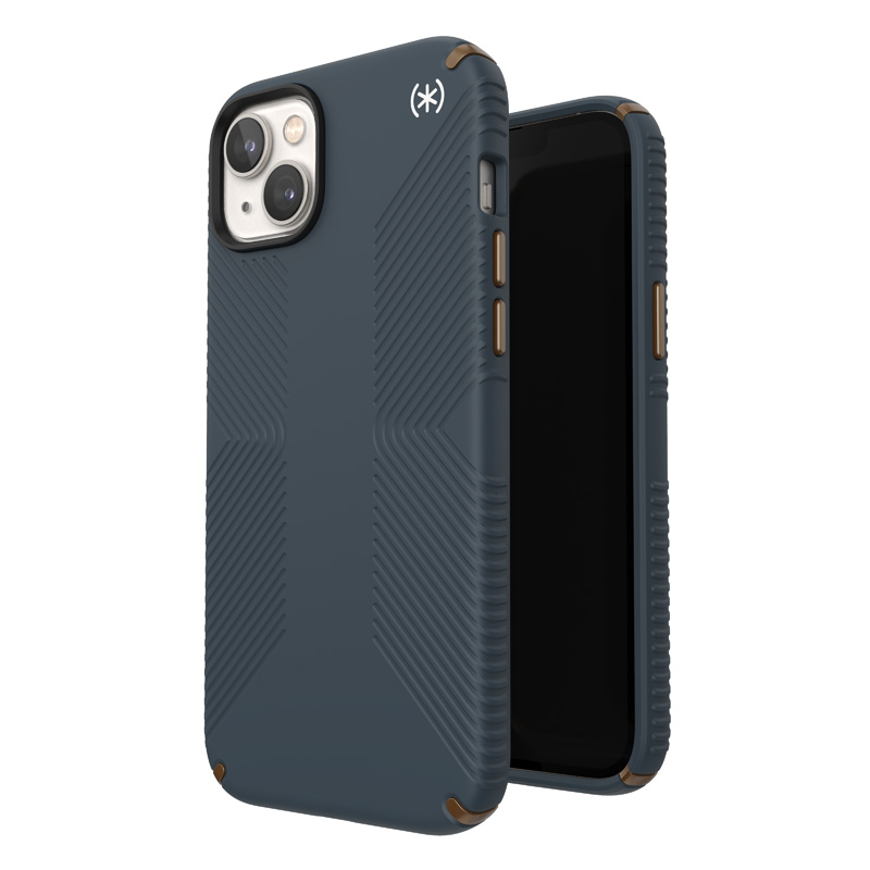 Speck Presidio2 Grip ümbris seadmele iPhone 15 Plus / 14 Plus, libisemiskindla haardega, Charcoal / Cool Bronze / Slate värvikombinatsioon