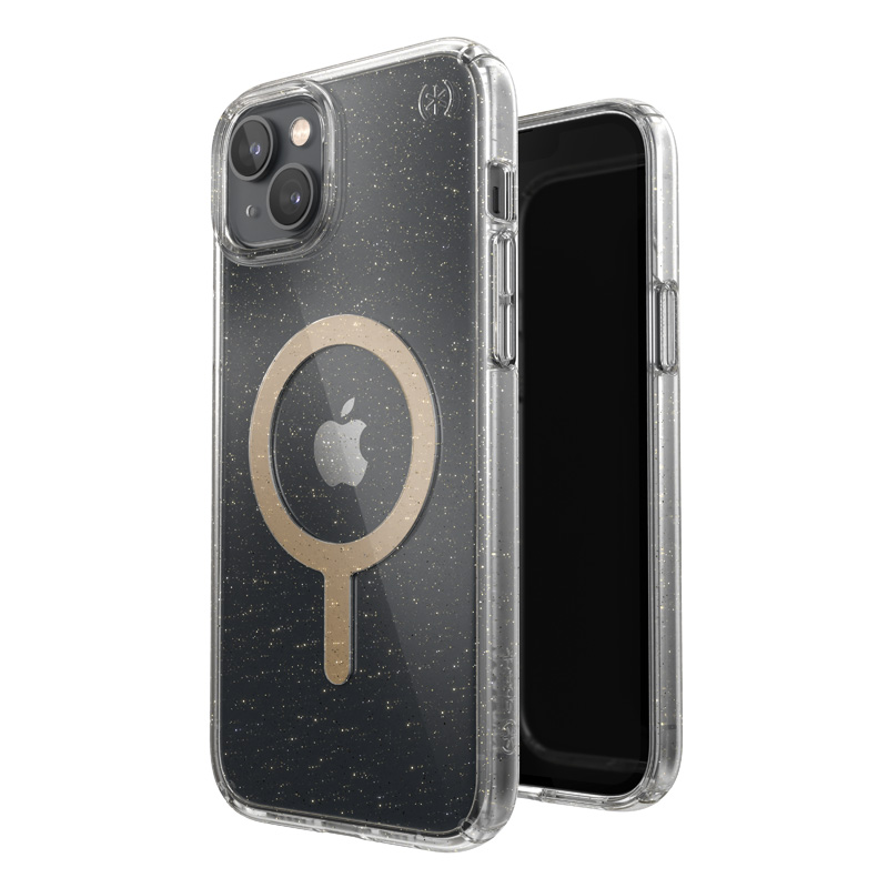 Speck Presidio Perfect-Clear with Glitter + MagSafe ümbris seadmele iPhone 15 Plus / 14 Plus, Microban mikroobivastase kaitsega, Clear / Gold Glitter värvikombinatsioon