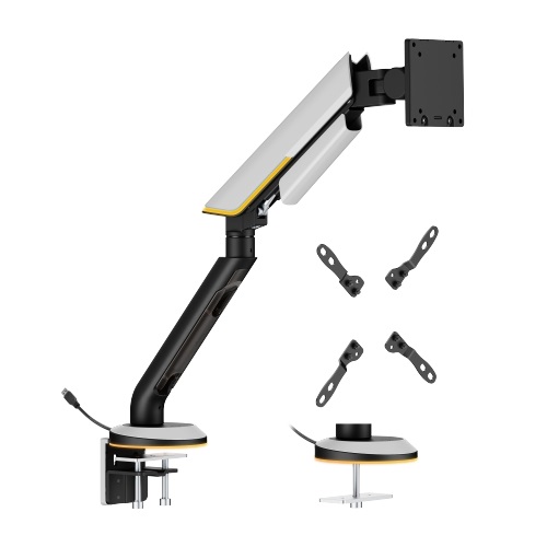 Heavy-Duty Single Monitor 24"-57" Gas Spring Arm Mount, RGB Lighting, Gray