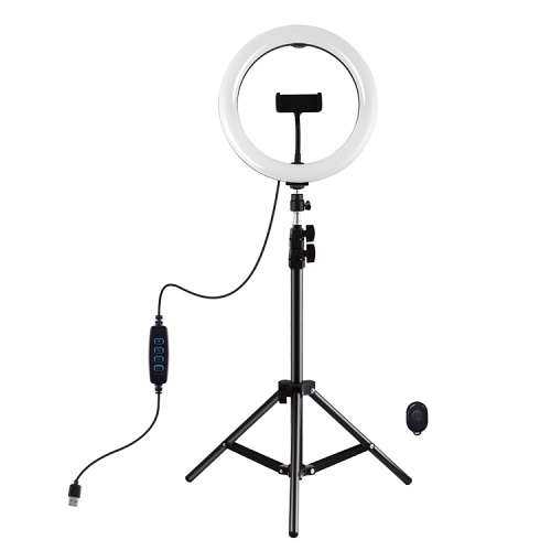 LED-rõngaslamp 26cm, kuni 1.1m lauastatiivi, telefonihoidiku ja USB-ühendusega