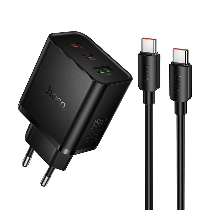 telefoni laadija Hoco 2x USB C + USB A QC3.0 PD 3A 65W + andmekaabel USB C to USB C N75 must