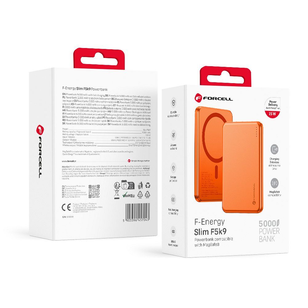 Forcell F-Energy Slim F5K9 akupank, MagSafe'iga ühilduv, 5000 mAh, 15 W, QC 4.0, PD 3.0, oranž