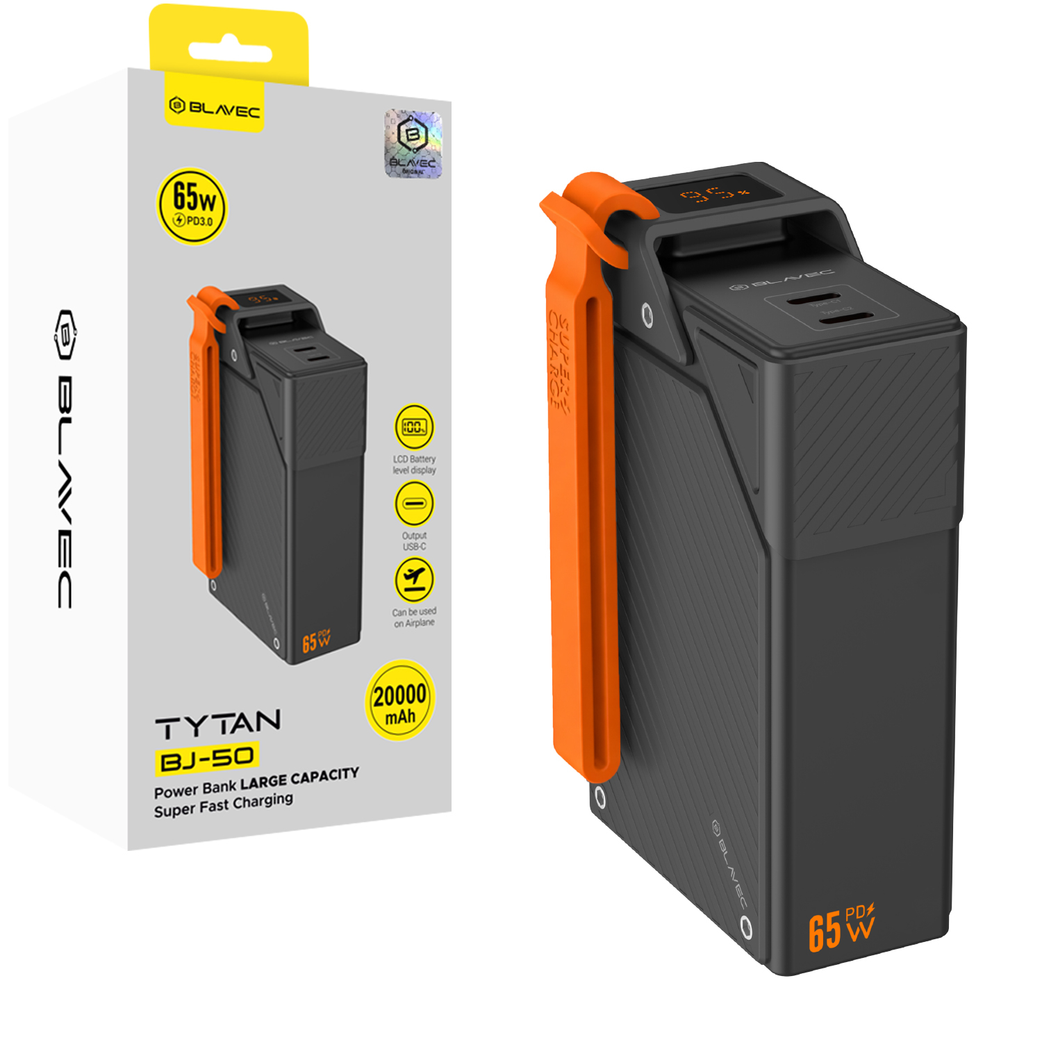 Blavec BJ-50 Tytan akupank, 20 000 mAh, 65 W, 2× USB-C (PBBJ50A), must