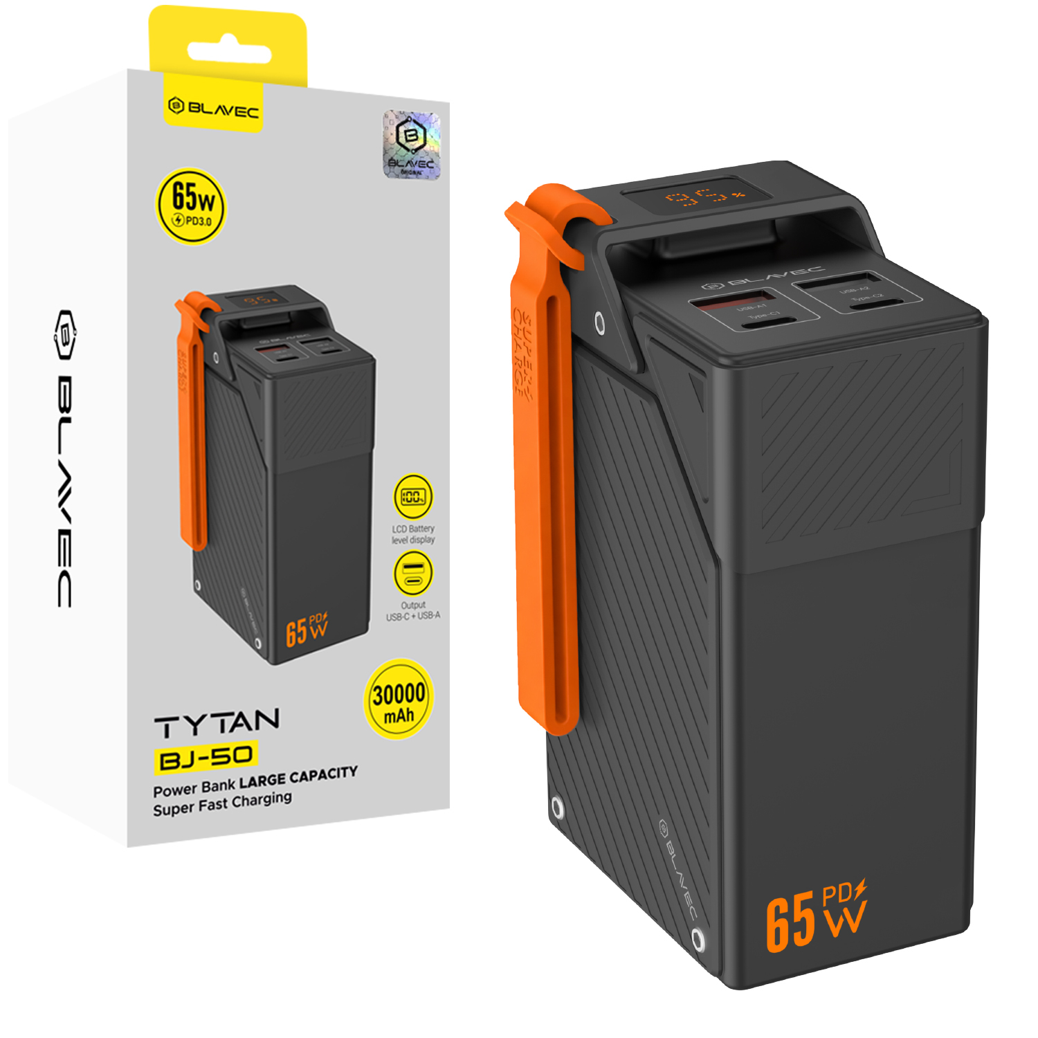 Blavec BJ-50 Tytan akupank, 30 000 mAh, 65 W, 2× USB-C + 2× USB-A (PBBJ50B), must