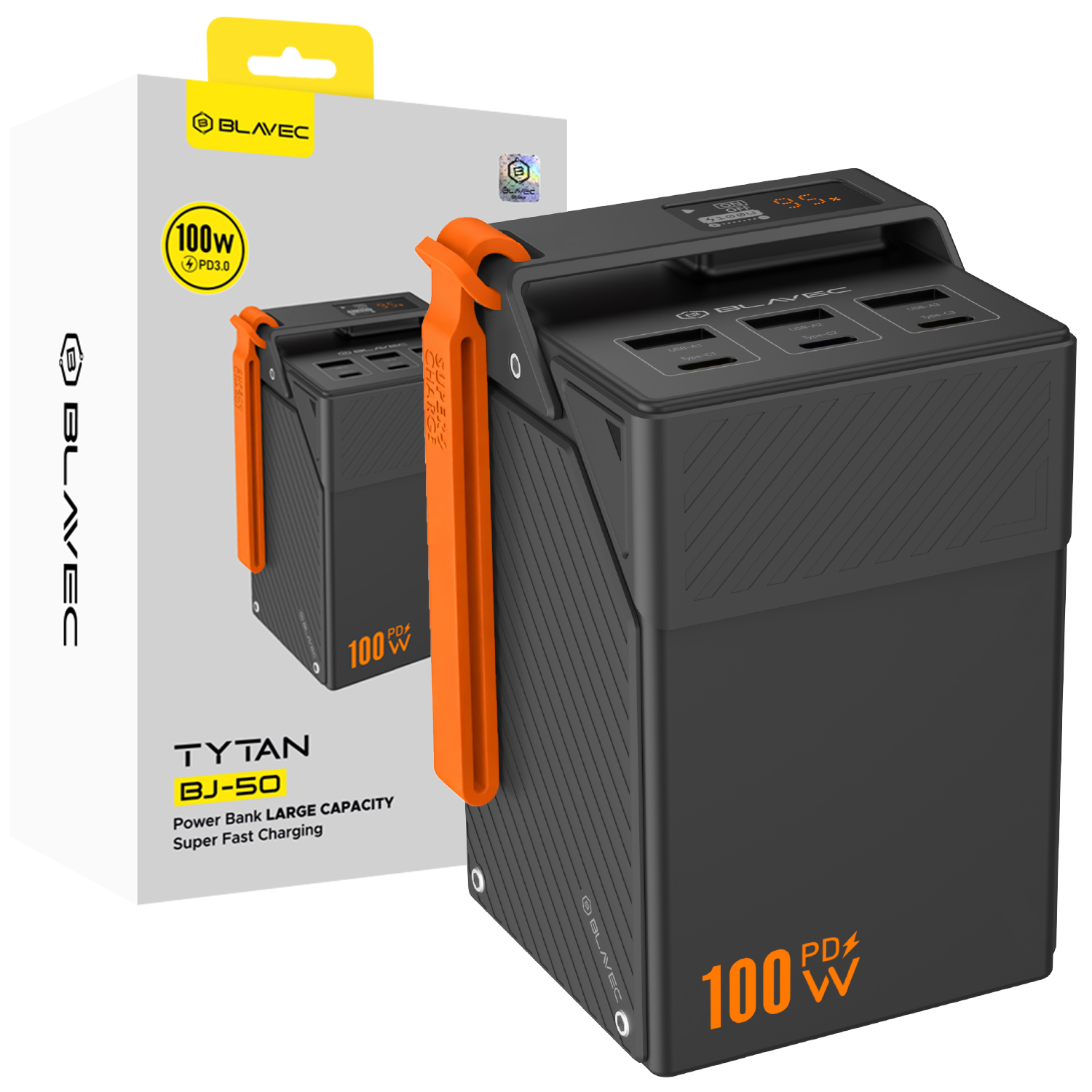 Blavec BJ-50 Tytan akupank, 50 000 mAh, 100 W, 3× USB-C + 3× USB-A (PBBJ50C), must