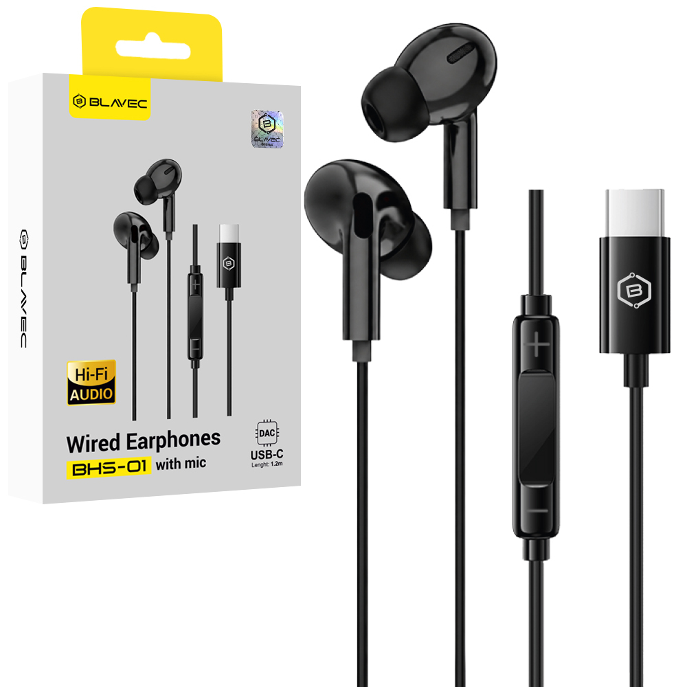 Blavec BHS-01 USB-C kõrvasisesed kõrvaklapid mikrofoni ja DAC-iga (BHS01-B), mustad