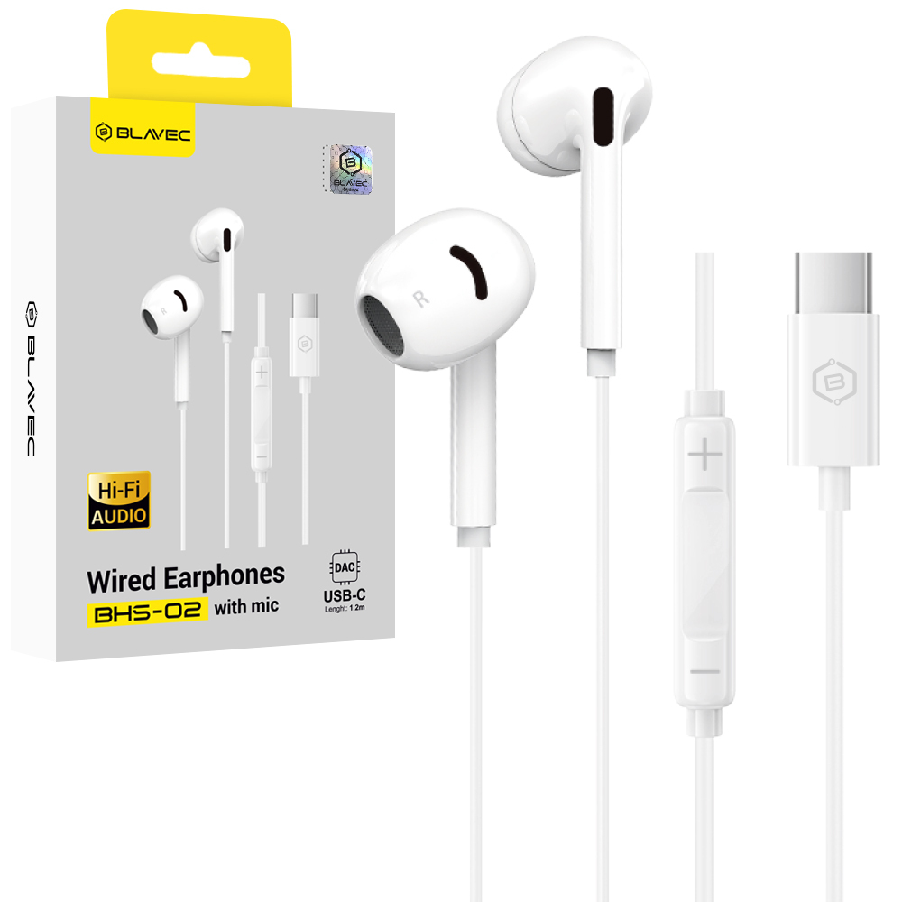 Blavec BHS-02 USB-C kõrvaklapid ilma silikoonotsikuteta, mikrofoni ja DAC-iga (BHS02-W), valged