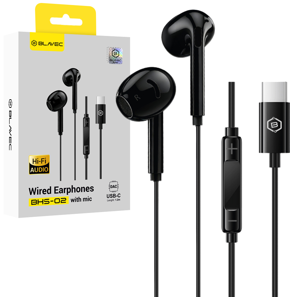 Blavec BHS-02 USB-C kõrvaklapid ilma silikoonotsikuteta, mikrofoni ja DAC-iga (BHS02-B), mustad