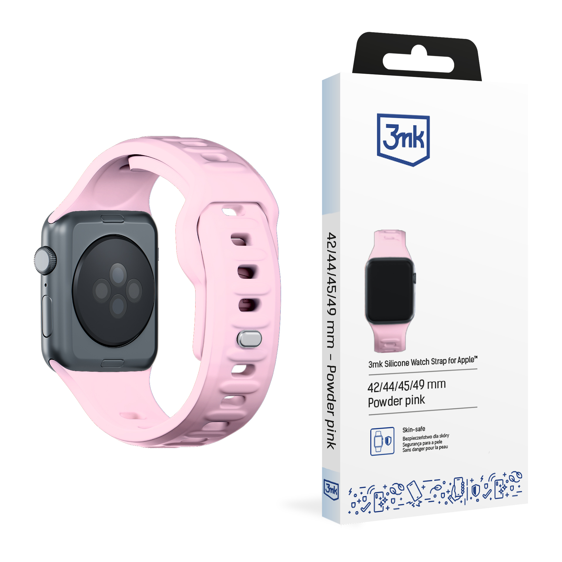3mk silikoonrihm Apple Watchile, 42/44/45/46/49 mm, puudriroosa, suur suurus