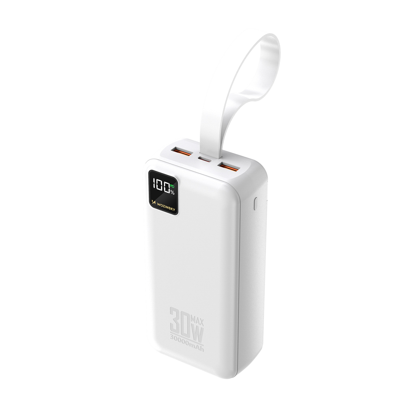 Wozinsky W8-W 30000mAh 30W akupank, 2x USB-A, USB-C, taskulambiga, valge