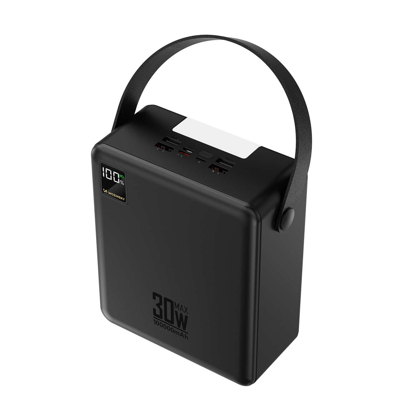 Wozinsky W8-B 100000mAh 30W akupank, 2xUSB-A, 2xUSB-C, taskulambiga, must