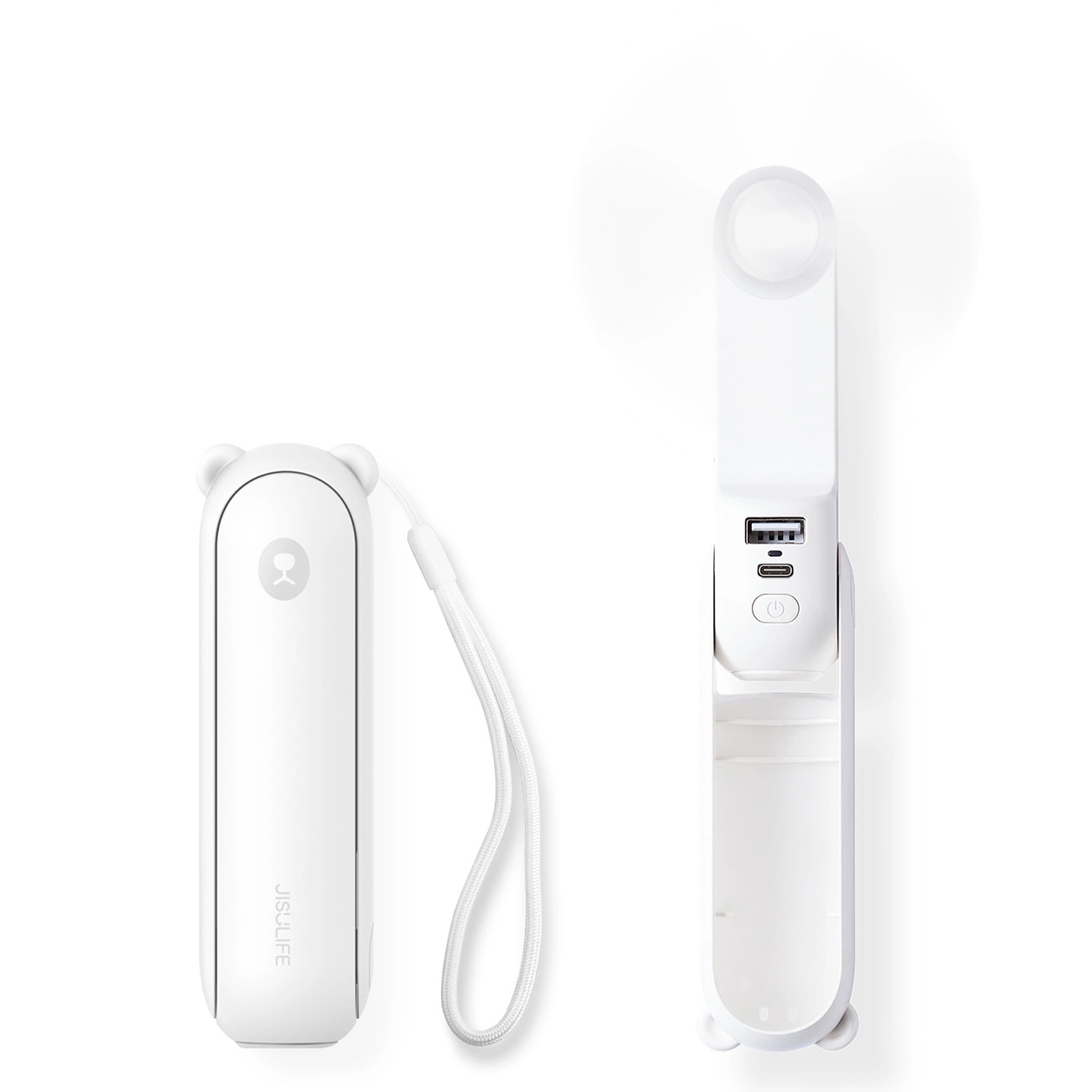 Jisulife Life8 Plus kaasaskantav USB-käsiventilaator akupanga funktsiooni ja taskulambiga, 4500 mAh, valge