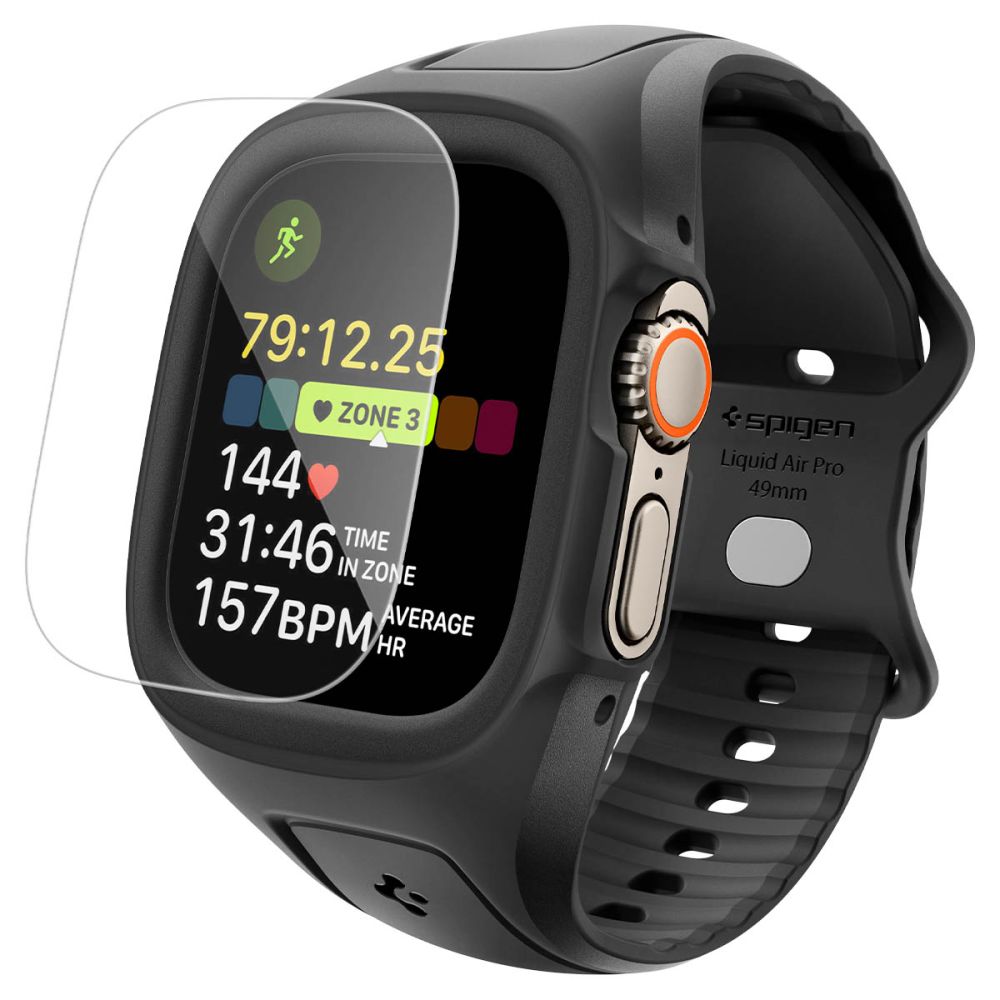 Spigen Liquid Air Pro rihmaga ümbris ja 9H karastatud klaas Apple Watch Ultra 49 mm jaoks, mustad