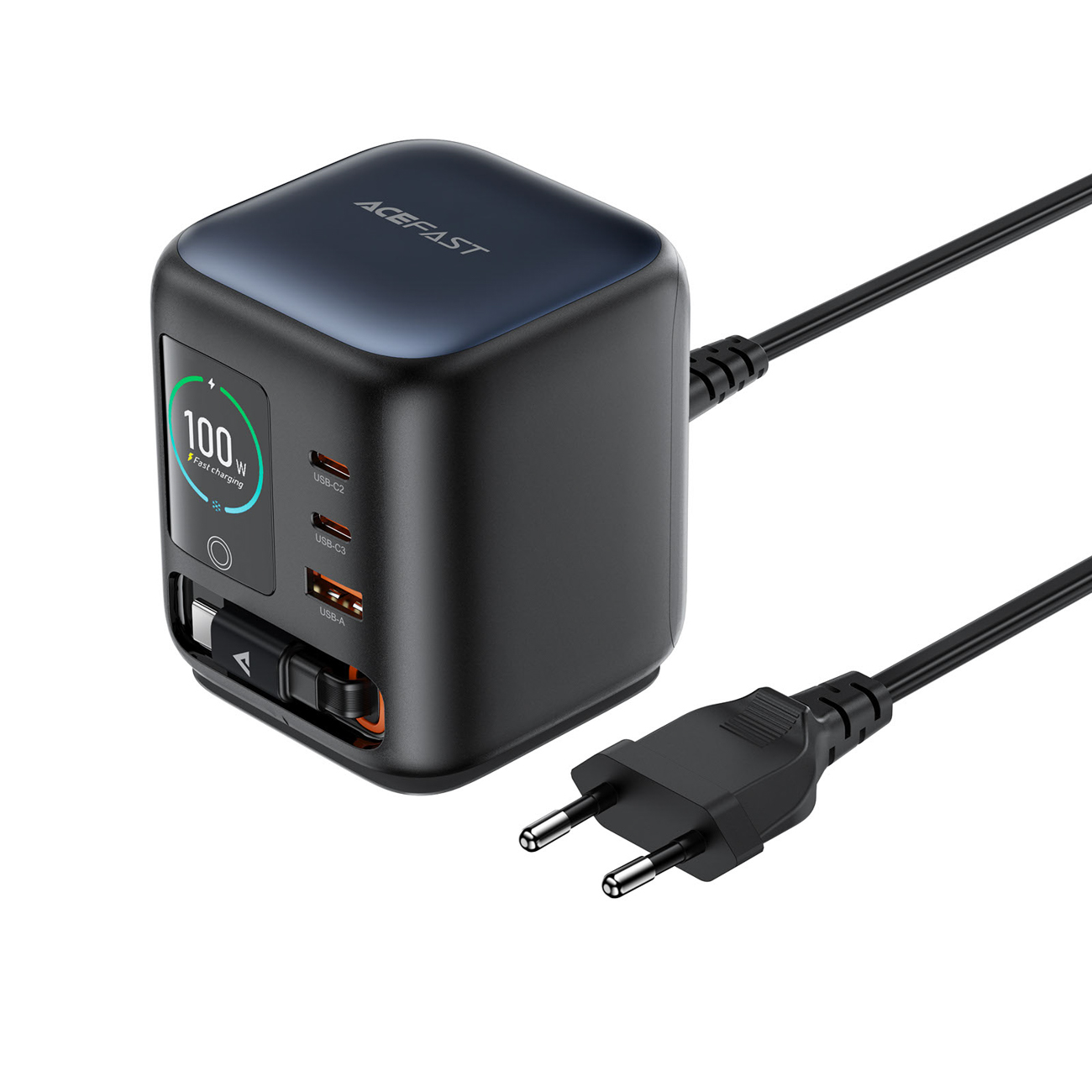 Acefast Z10 GaN 100 W 3 × USB laualaadija sissetõmmatava USB-C-kaabli ja TFT-ekraaniga, must