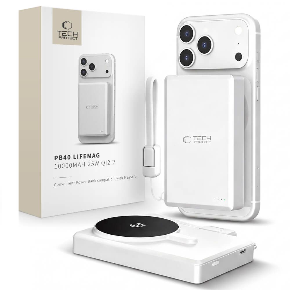 Tech-Protect PB40 LifeMag MagSafe 10000mAh 25W Qi2.2 akupank, valge ja hõbedane