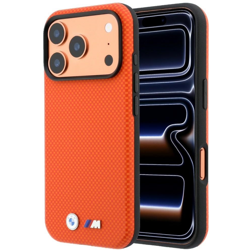 BMW M Quadrille Kevlar Metal Logo MagSafe ümbris mudelile iPhone 17 Pro / 18 Pro – oranž