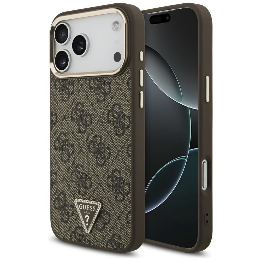 Guess PU Leather 4G Strass Triangle Logo Gold Frame MagSafe ümbris Apple iPhone 18 Pro Max telefonile, pruun