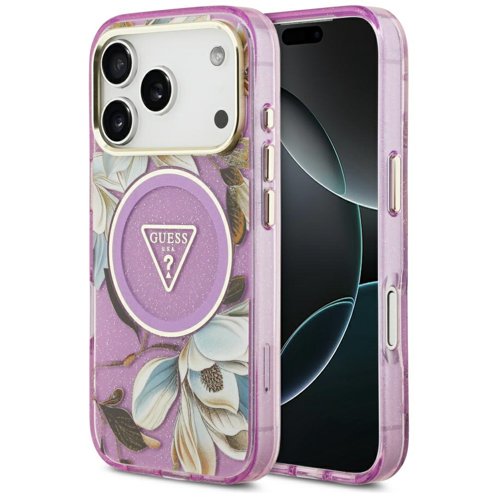 Guess IML Glitter Flowers Triangle MagSafe ümbris mudelile iPhone 17 Pro / 18 Pro – lilla