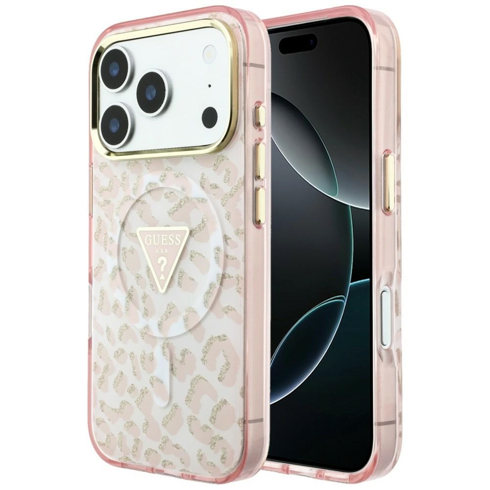 Guess IML Leopard Glitter Triangle Logo MagSafe ümbris mudelile iPhone 17 Pro Max / 18 Pro Max – värv: roosa