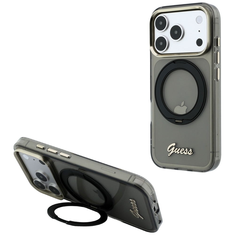 Guess IML Ring Stand 360 Script Metal Logo MagSafe ümbris mudelile iPhone 17 Pro / 18 Pro – must