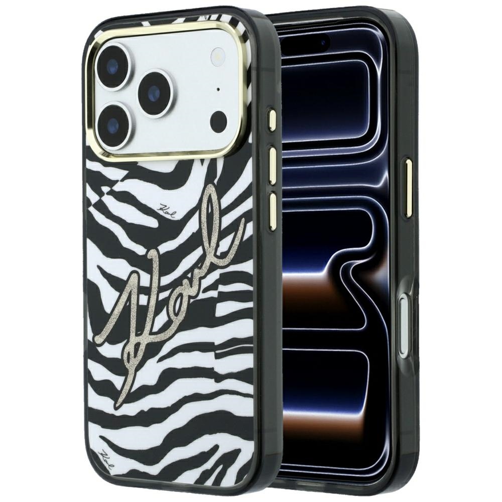 Karl Lagerfeld IML Signature Zebra Glitter MagSafe ümbris mudelile iPhone 17 Pro / 18 Pro – kuldne