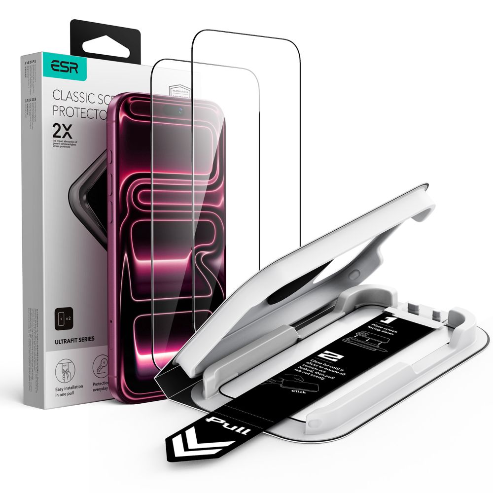 ESR UltraFit Classic 2 karastatud klaasi komplekt mudelitele iPhone 18 Pro / 17 Pro, must