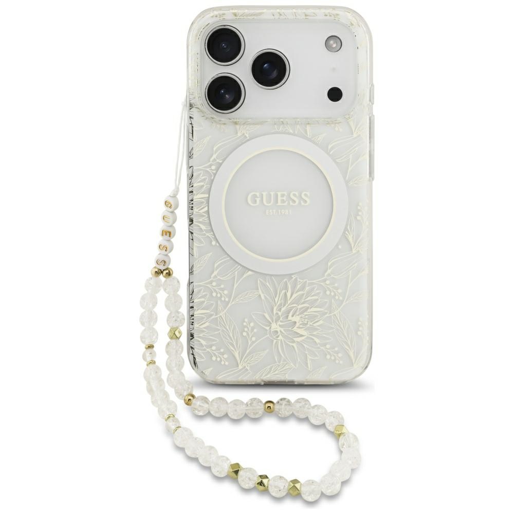 Guess IML Flowers Allover Electroplated MagSafe ümbris pärlipaelaga mudelile iPhone 18 Pro / 17 Pro – värv: valge
