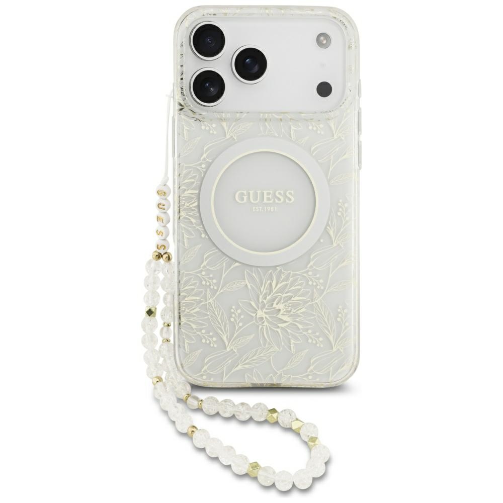 Guess IML lillemustri, metallkatte ja pärlrihmaga MagSafe-ümbris iPhone 18 Pro Max / 17 Pro Max jaoks, valge