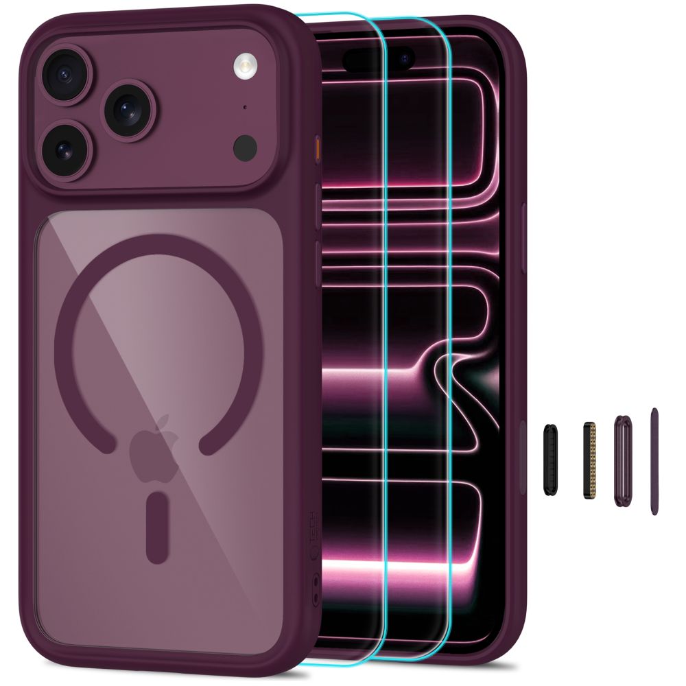 Tech-Protect MagOne CC MagSafe ümbris 2 karastatud klaasiga mudelitele iPhone 18 Pro / 17 Pro, läbipaistev bordo