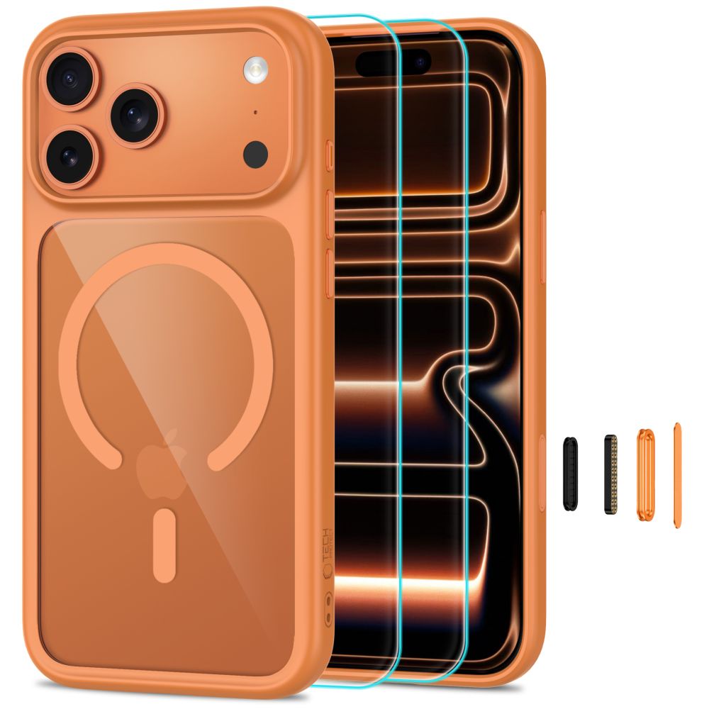 Tech-Protect MagOne CC MagSafe ümbris 2 karastatud klaasiga mudelitele iPhone 18 Pro Max / 17 Pro Max, läbipaistev oranž