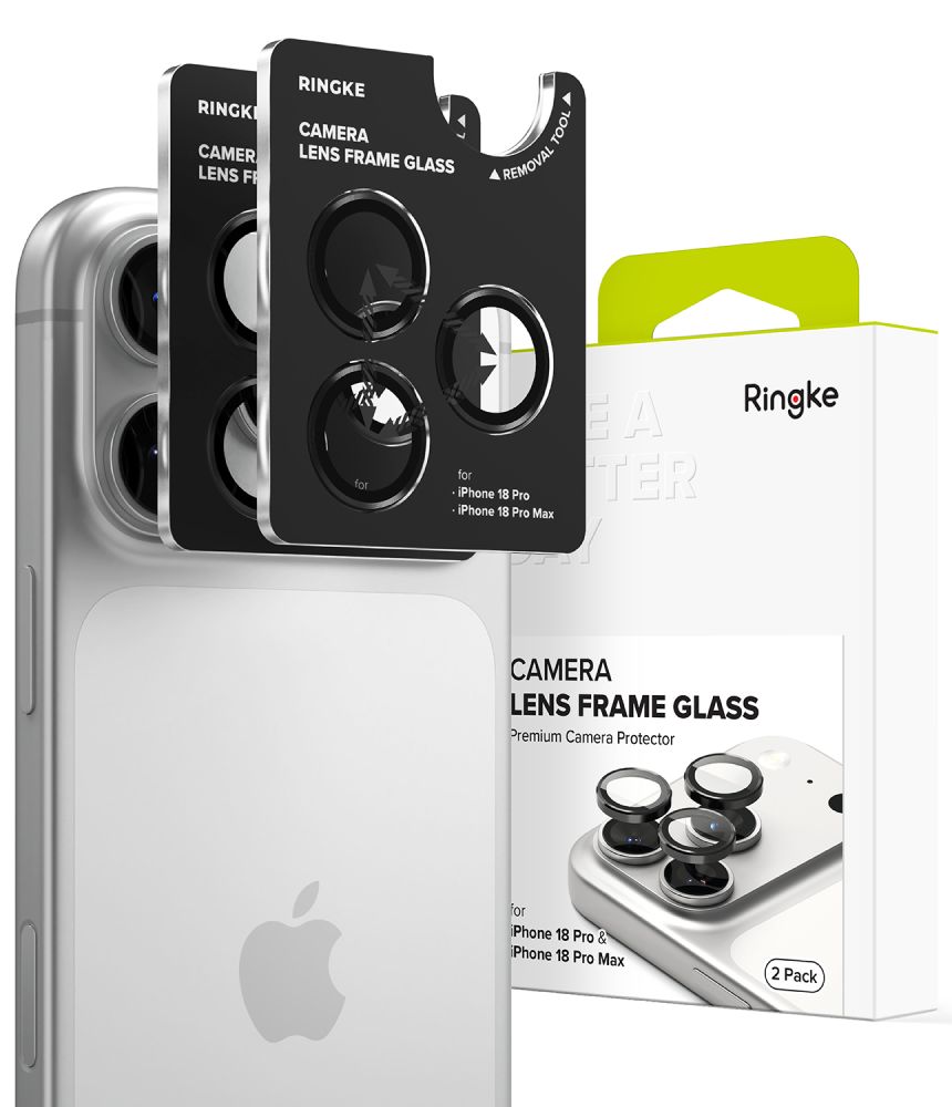 Ringke 2 karastatud kaameraraami kaitseklaasi komplekt mudelitele iPhone 18 Pro / Pro Max, must