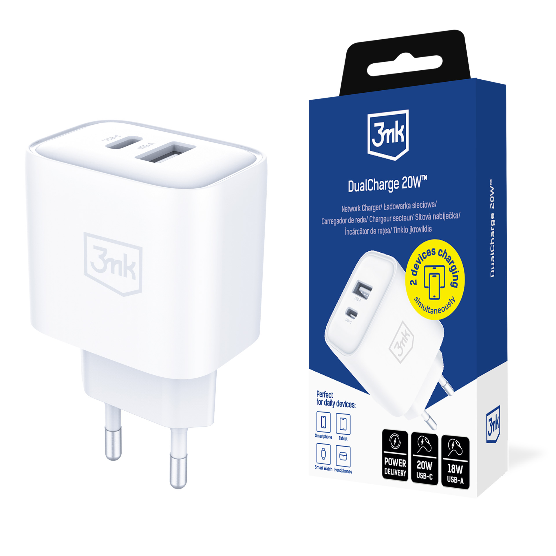 Tarvikud – 3mk DualCharge 20W PD3.0 QC 3.0 PPS USB 1A1C, valge