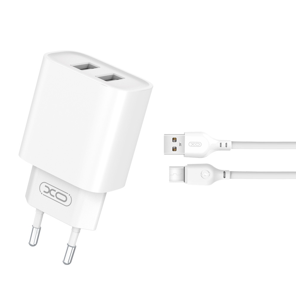 XO seinalaadija CE02C 2x USB 2,1A, valge + USB-C-kaabel