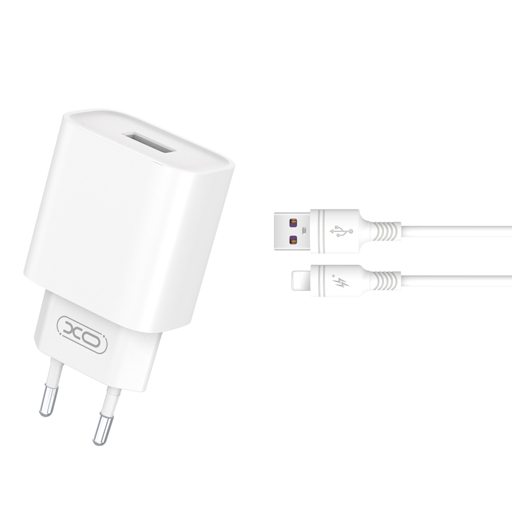 XO seinalaadija CE02D QC 3.0 18W 1x USB, valge + Lightning-kaabel
