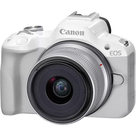 Canon EOS R50 WH + RF-S 18-45mm F4.5-6.3 IS STM (SIP), 24,2 MP, pildistabilisaator, ISO tundlikkus (maks.) 32000, ekraani diagonaal 2,95 ", Wi-Fi, videosalvestus, automaatne/käsitsi, CMOS, valge