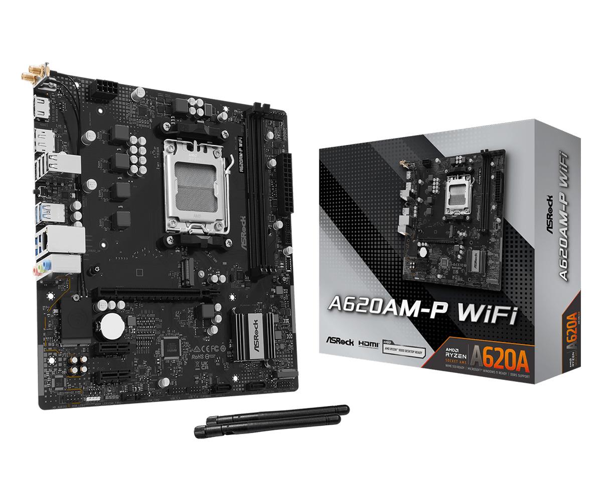 ASROCK AMD A620A Socket AM5 micro ATX RAM DDR5-SDRAM 2xSlots Wi-Fi Yes Bluetooth Yes 1xNumber of M.2 (M) slots A620AM-PWIFI (Mainboard)