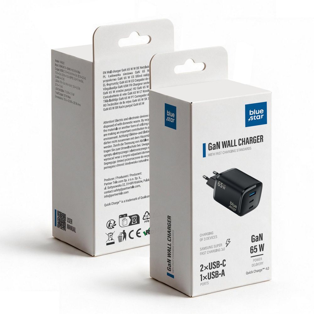 Blue Star Nano GaN VT-335 telefonilaadija, 2 × USB-C + USB-A, QC4.0, PD, 3 A, 65 W, must
